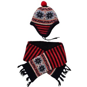 JoJo Maman Bebe Red and Navy Winter Hat and Scarf Set